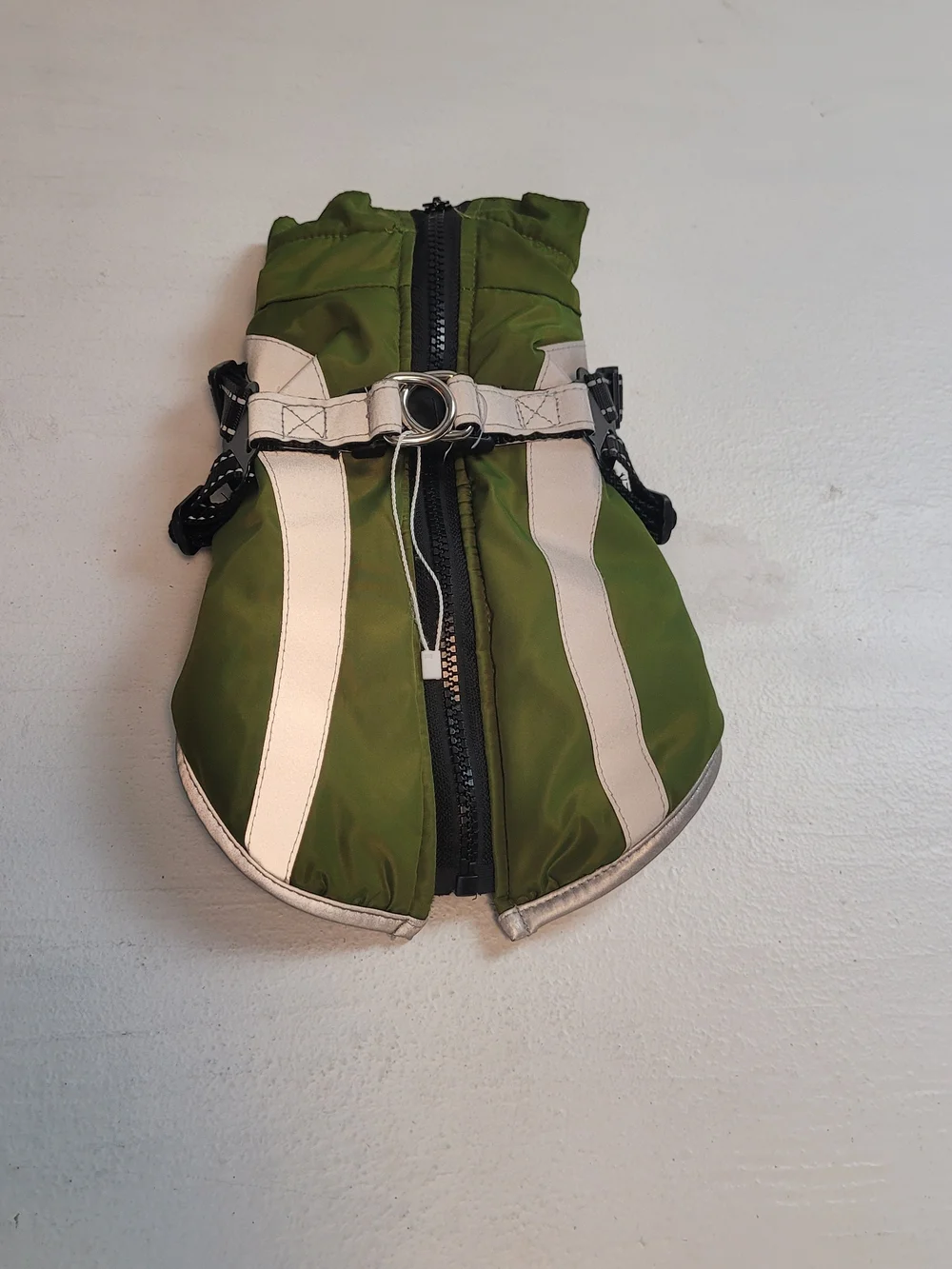 Olive Green Reflective Stripe Dog Coat with Harness Loop